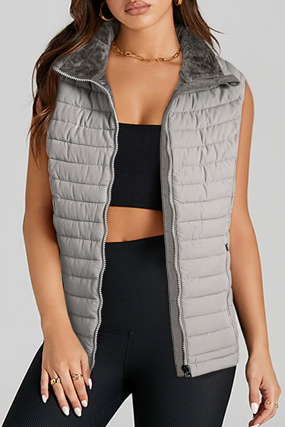 Sky Blue Plush Collared Quilted Zipped Puffer Vest - MAD RUFFI