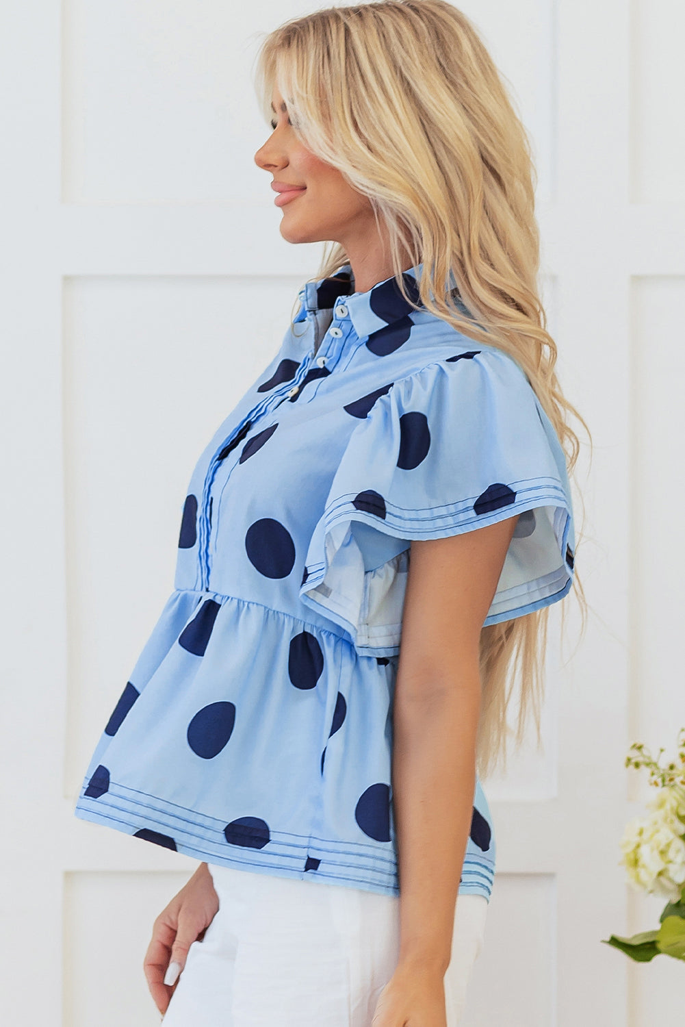 Sky Blue Polka Dot Print Ruffled Short Sleeve Buttoned Collared Blouse - Blouses