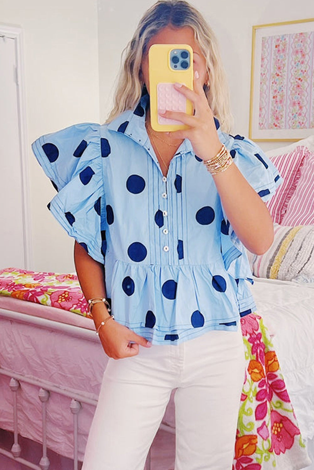 Sky Blue Polka Dot Print Ruffled Short Sleeve Buttoned Collared Blouse - Blouses