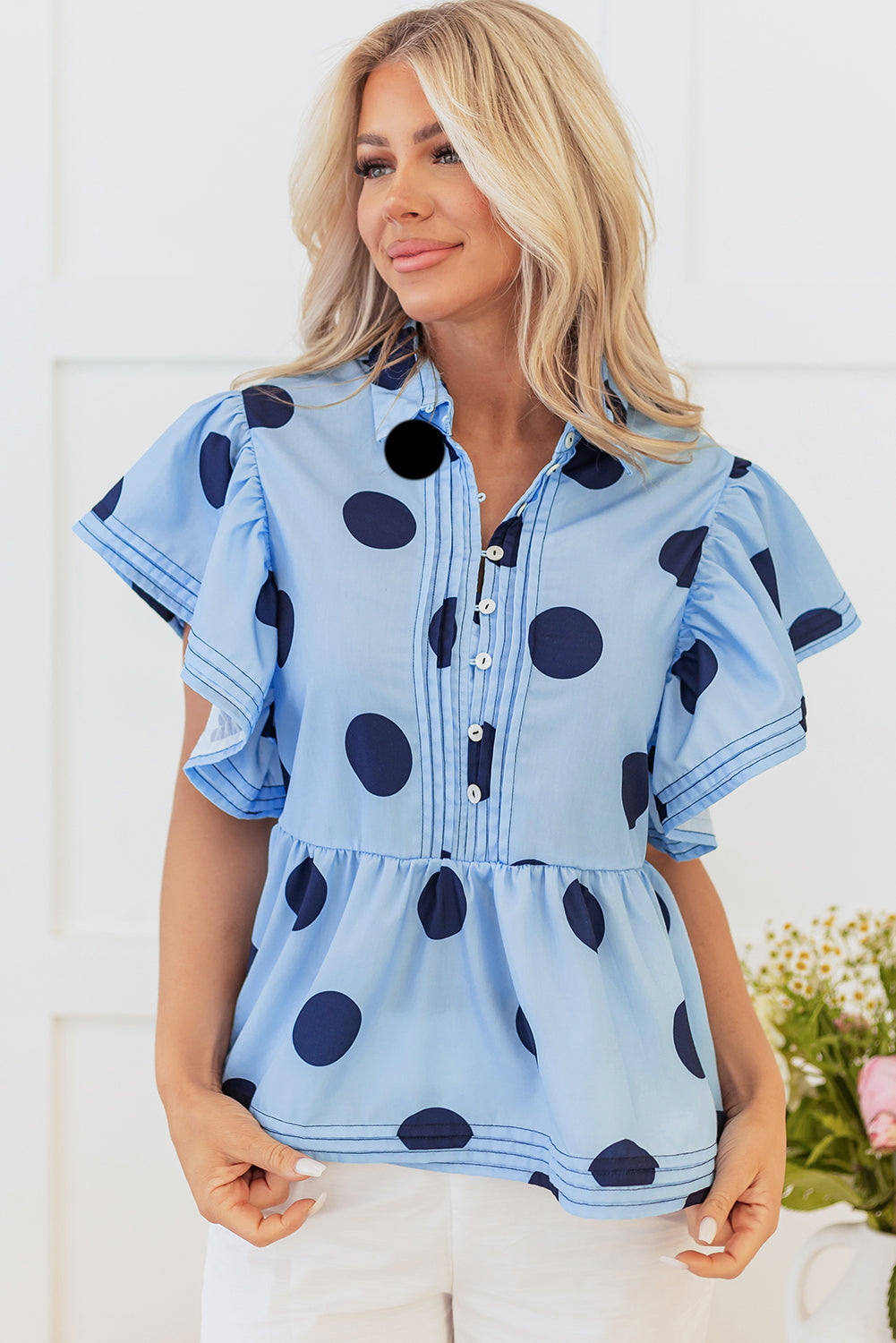 Sky Blue Polka Dot Print Ruffled Short Sleeve Buttoned Collared Blouse - Blouses