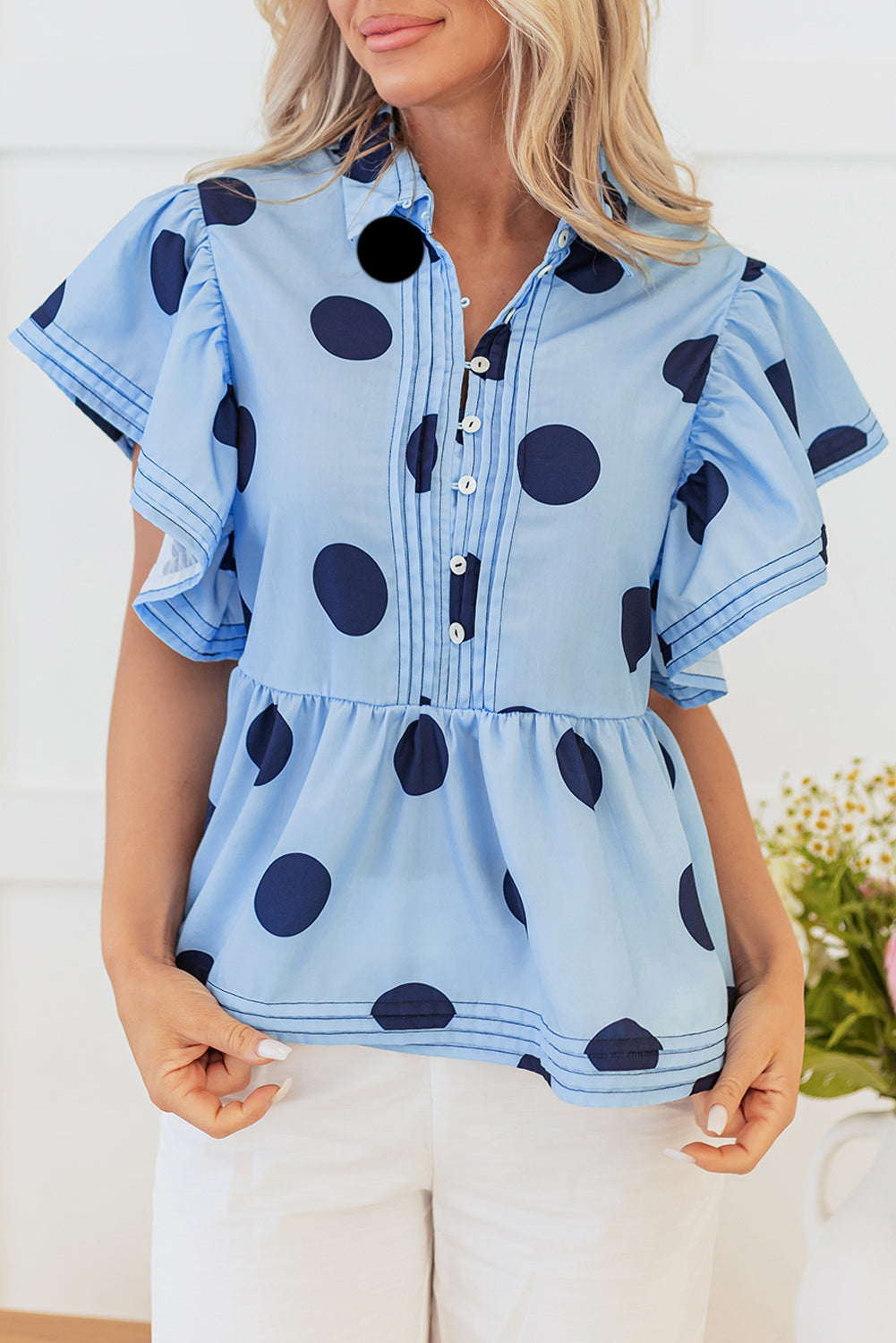 Sky Blue Polka Dot Print Ruffled Short Sleeve Buttoned Collared Blouse - Blouses