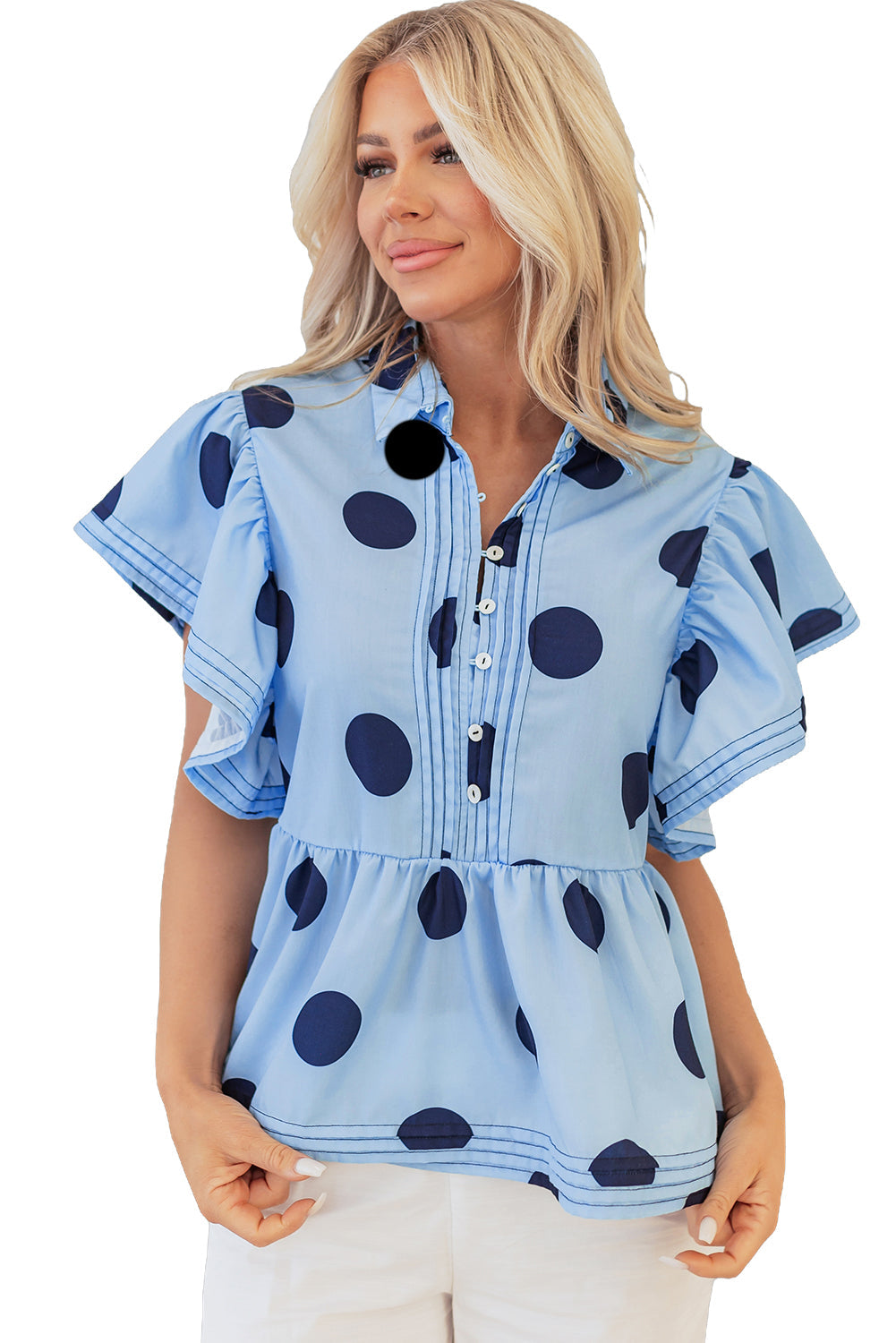 Sky Blue Polka Dot Print Ruffled Short Sleeve Buttoned Collared Blouse - Blouses