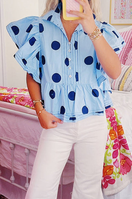 Sky Blue Polka Dot Print Ruffled Short Sleeve Buttoned Collared Blouse - Sky Blue / S - Blouses