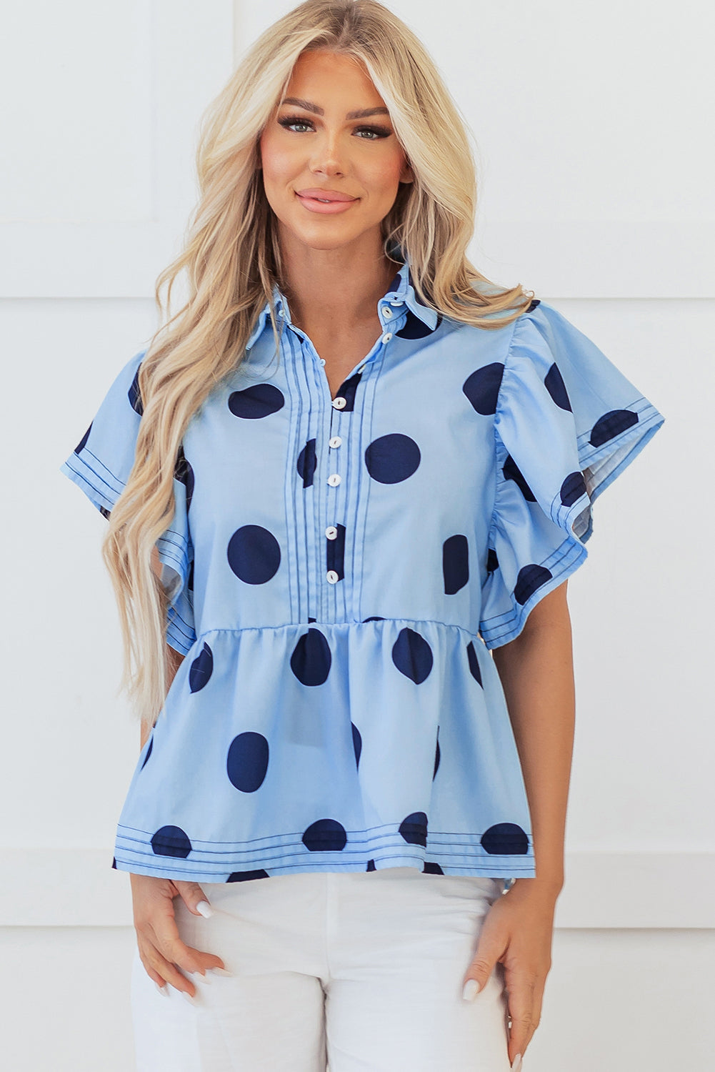 Sky Blue Polka Dot Print Ruffled Short Sleeve Buttoned Collared Blouse - Blouses