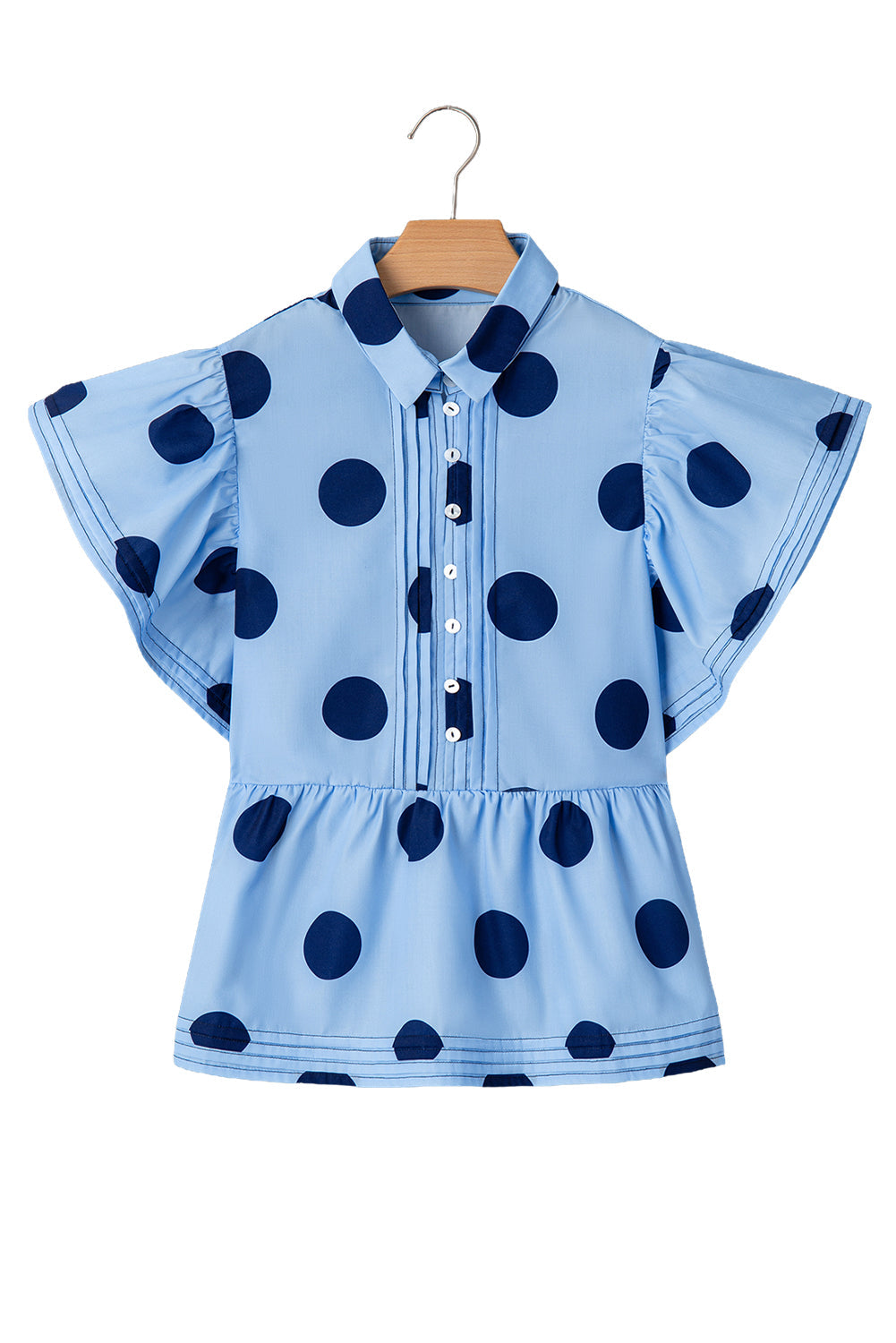 Sky Blue Polka Dot Print Ruffled Short Sleeve Buttoned Collared Blouse - Blouses