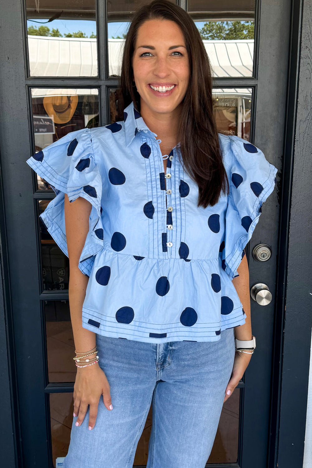 Sky Blue Polka Dot Print Ruffled Short Sleeve Buttoned Collared Blouse - Blouses