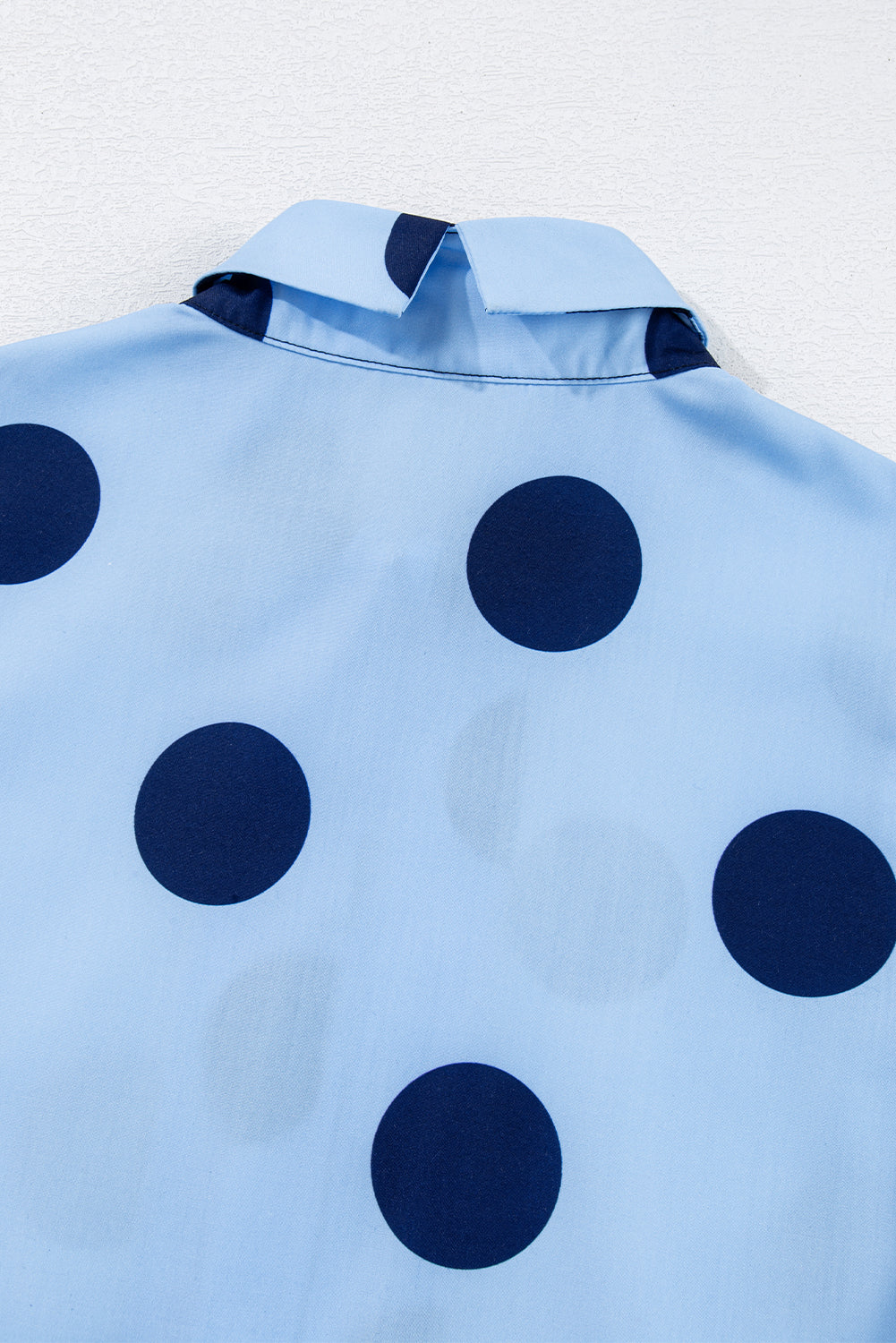 Sky Blue Polka Dot Print Ruffled Short Sleeve Buttoned Collared Blouse - Blouses