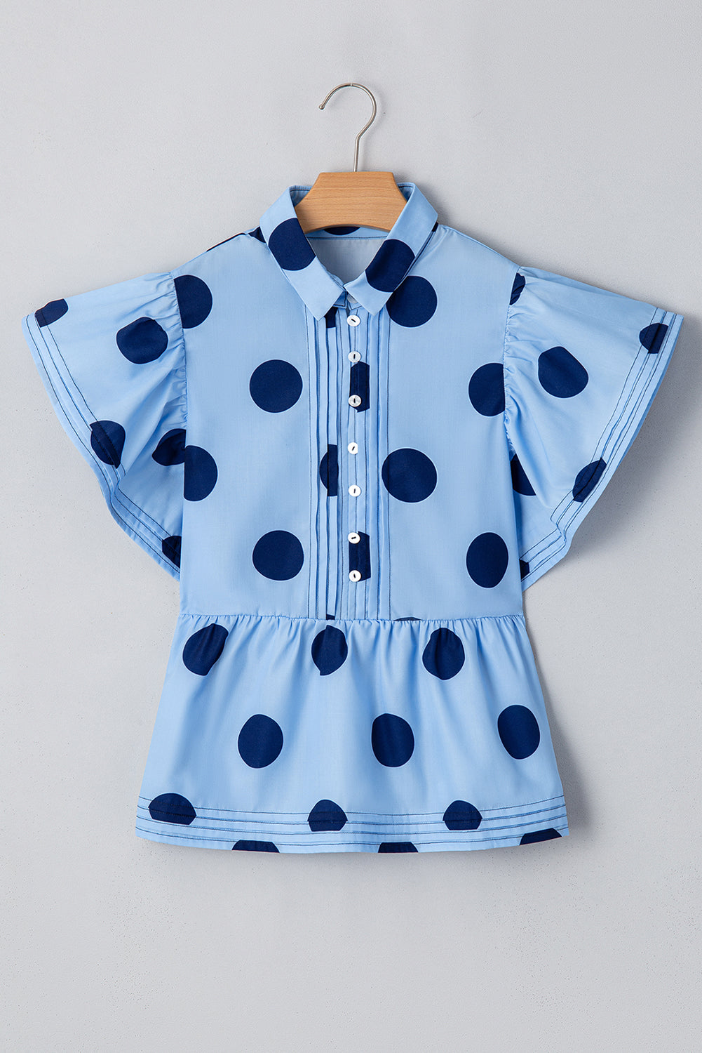 Sky Blue Polka Dot Print Ruffled Short Sleeve Buttoned Collared Blouse - Blouses