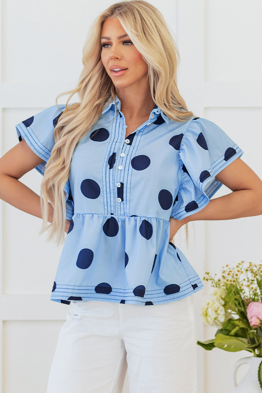 Sky Blue Polka Dot Print Ruffled Short Sleeve Buttoned Collared Blouse - Blouses