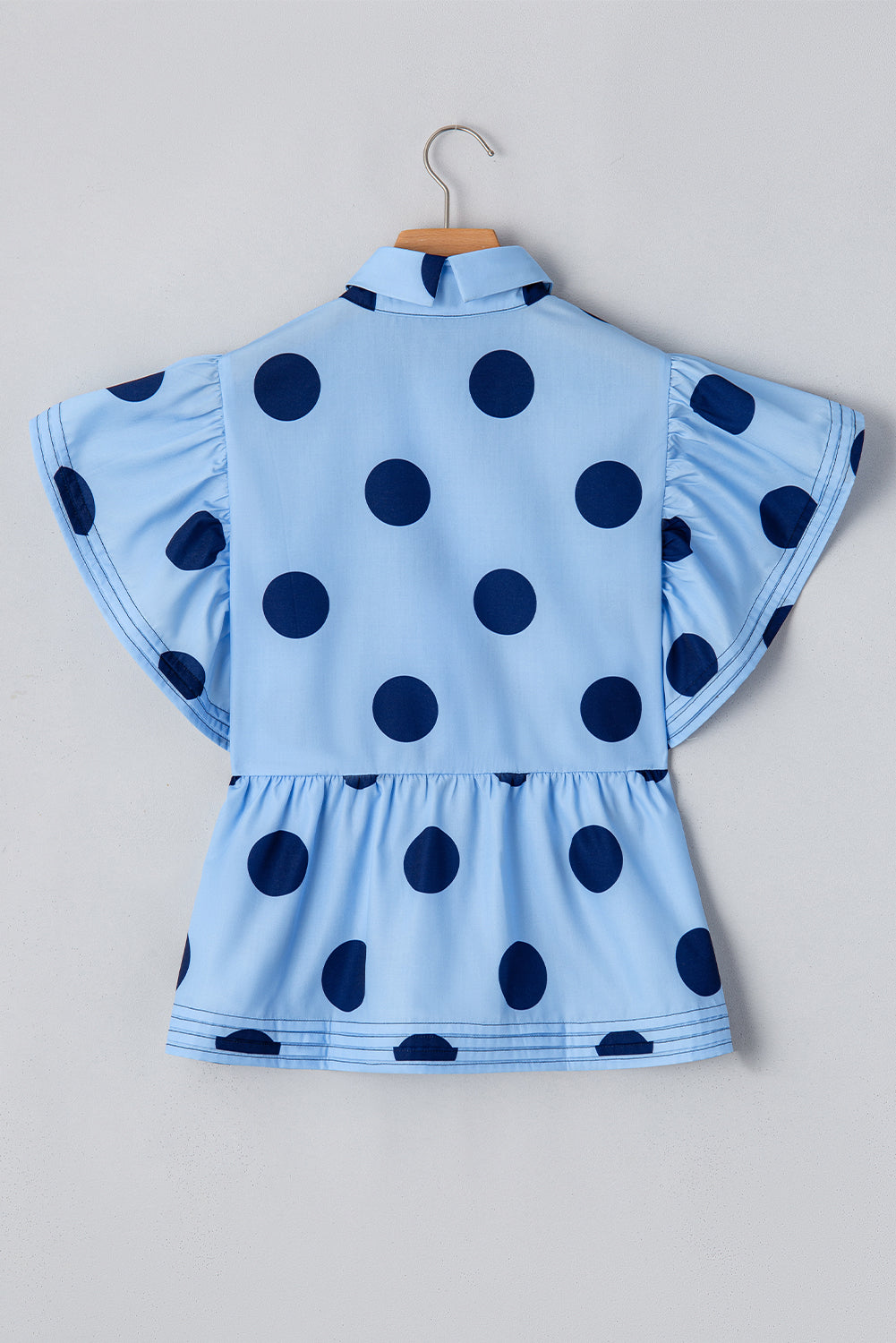 Sky Blue Polka Dot Print Ruffled Short Sleeve Buttoned Collared Blouse - Blouses