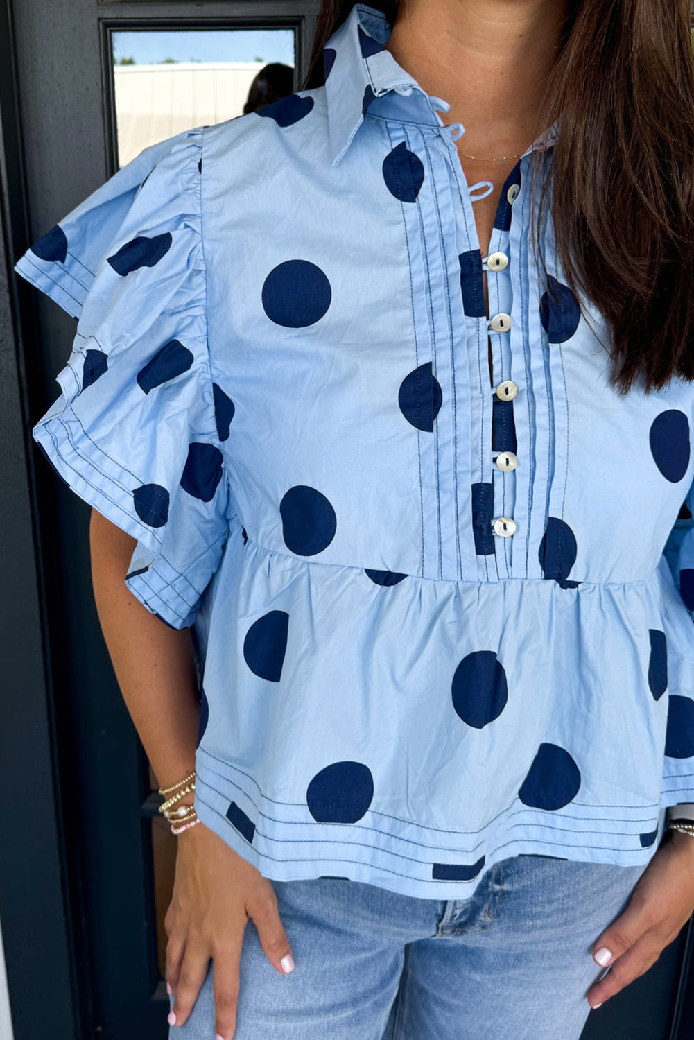 Sky Blue Polka Dot Print Ruffled Short Sleeve Buttoned Collared Blouse - Blouses