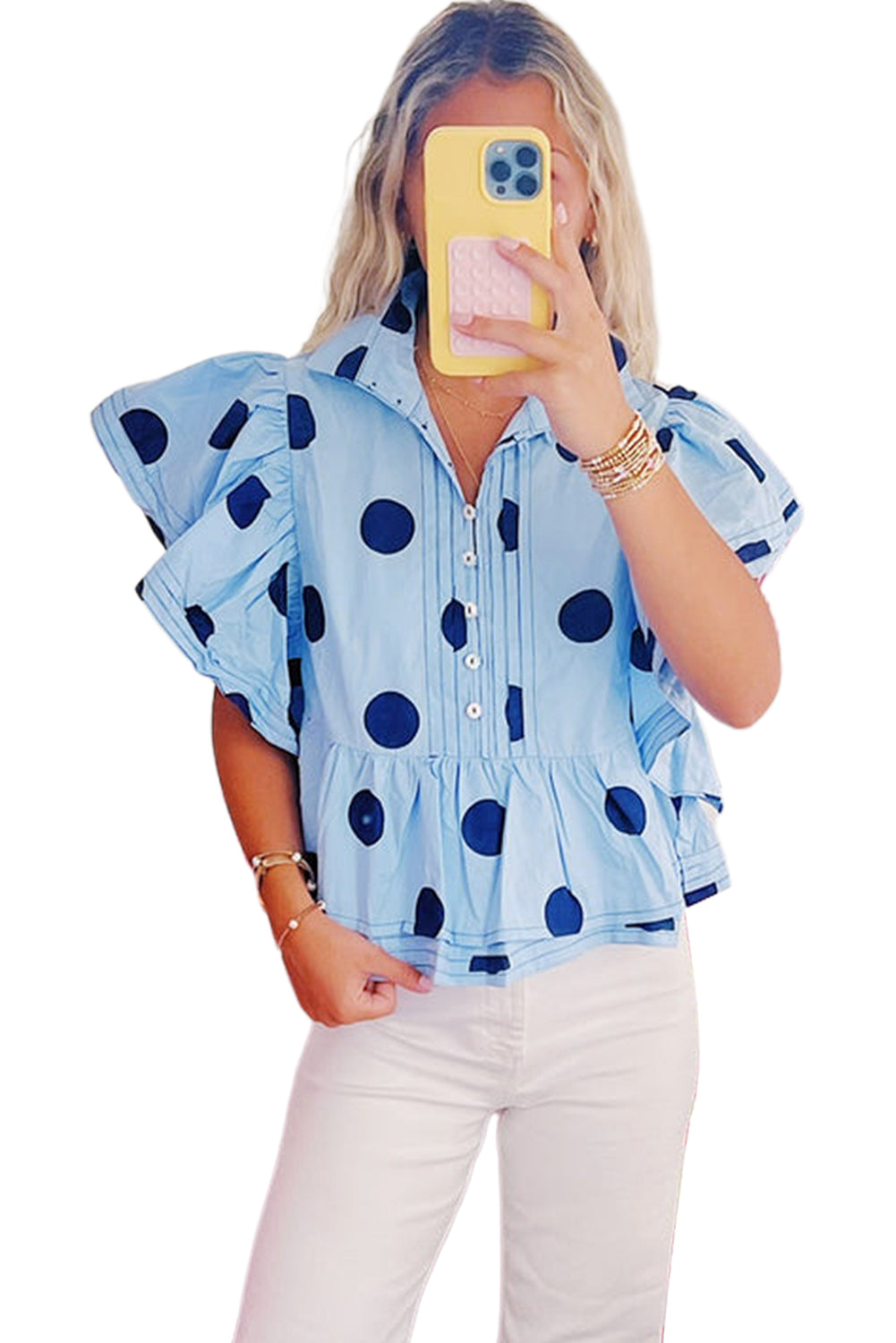 Sky Blue Polka Dot Print Ruffled Short Sleeve Buttoned Collared Blouse - Blouses