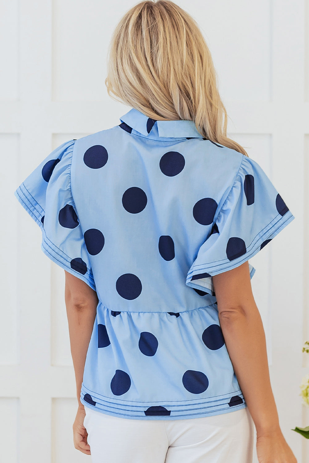 Sky Blue Polka Dot Print Ruffled Short Sleeve Buttoned Collared Blouse - Blouses