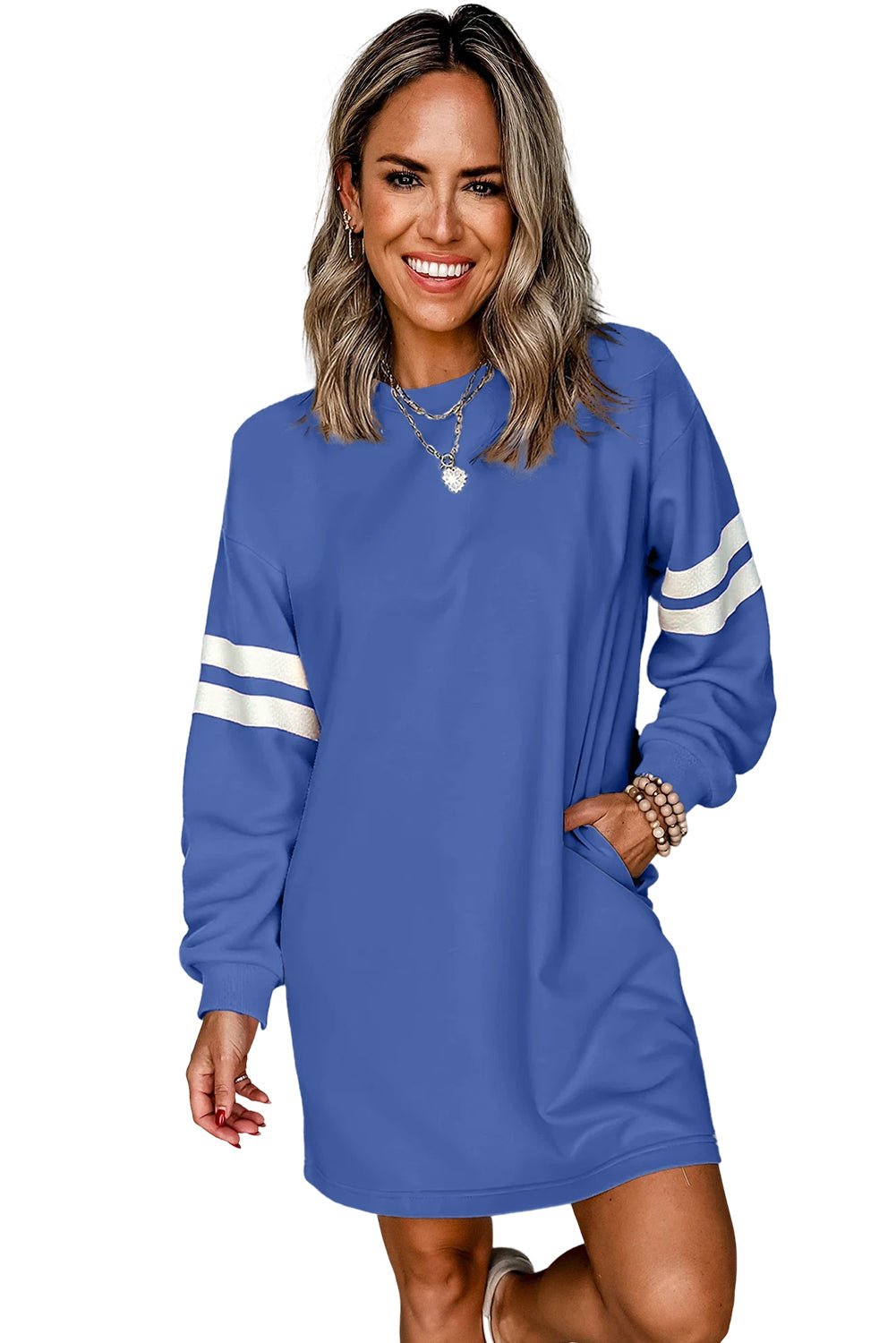 Sky Blue Preppy Striped Sleeve Loose Mini Dress - MAD RUFFI