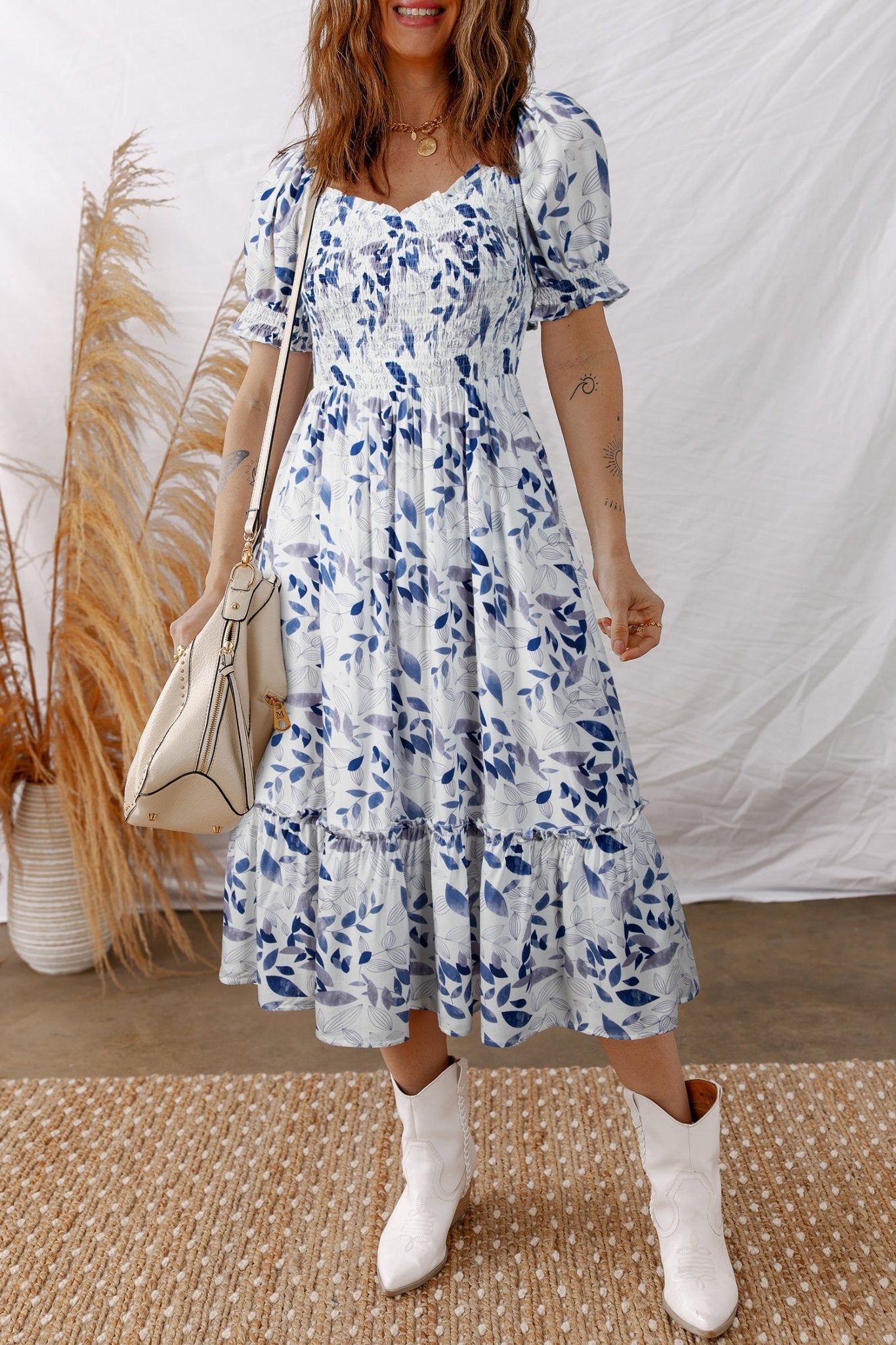 august sky women's floral puff sleeve smocked midi dress Sky Blue Smocked Bodice Short Puff Sleeve Tiered Floral Midi Dress