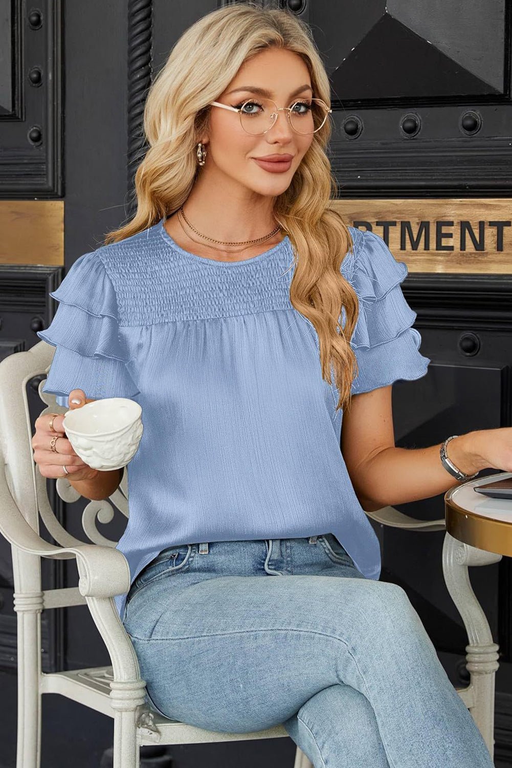 sky blue smocked round neck ruffle sleeve blouse - MAD RUFFI