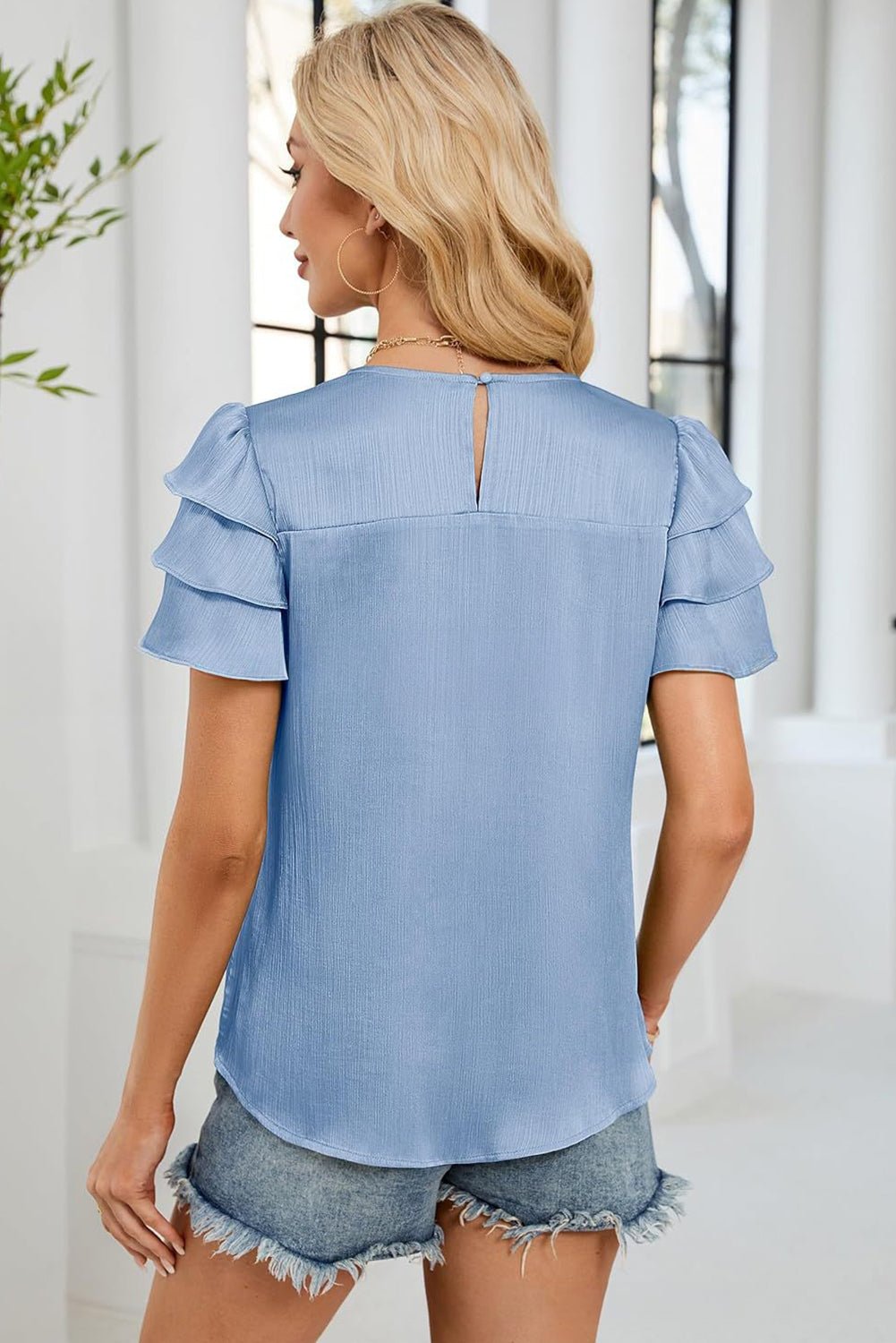 sky blue smocked round neck ruffle sleeve blouse - MAD RUFFI