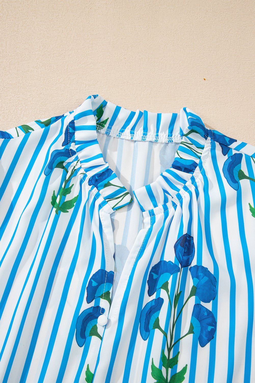 Sky Blue Stripe Boho Floral Print Frill V Neck Puff Sleeve Blouse - MAD RUFFI