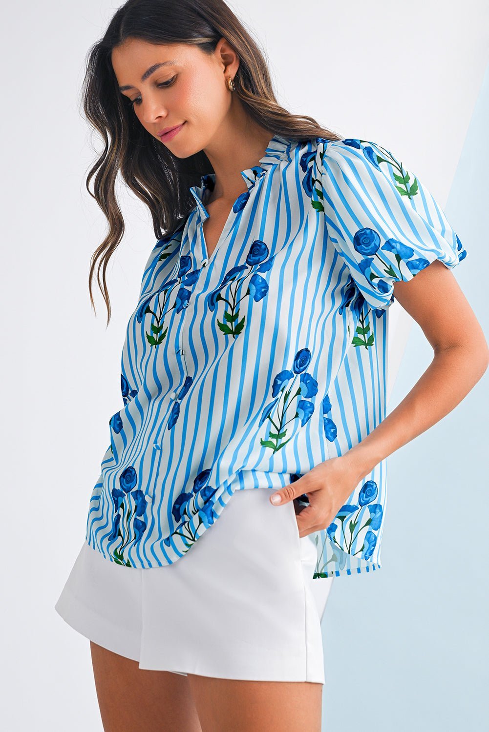 Sky Blue Stripe Boho Floral Print Frill V Neck Puff Sleeve Blouse - MAD RUFFI