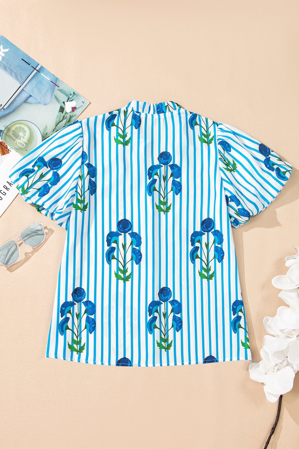Sky Blue Stripe Boho Floral Print Frill V Neck Puff Sleeve Blouse - MAD RUFFI
