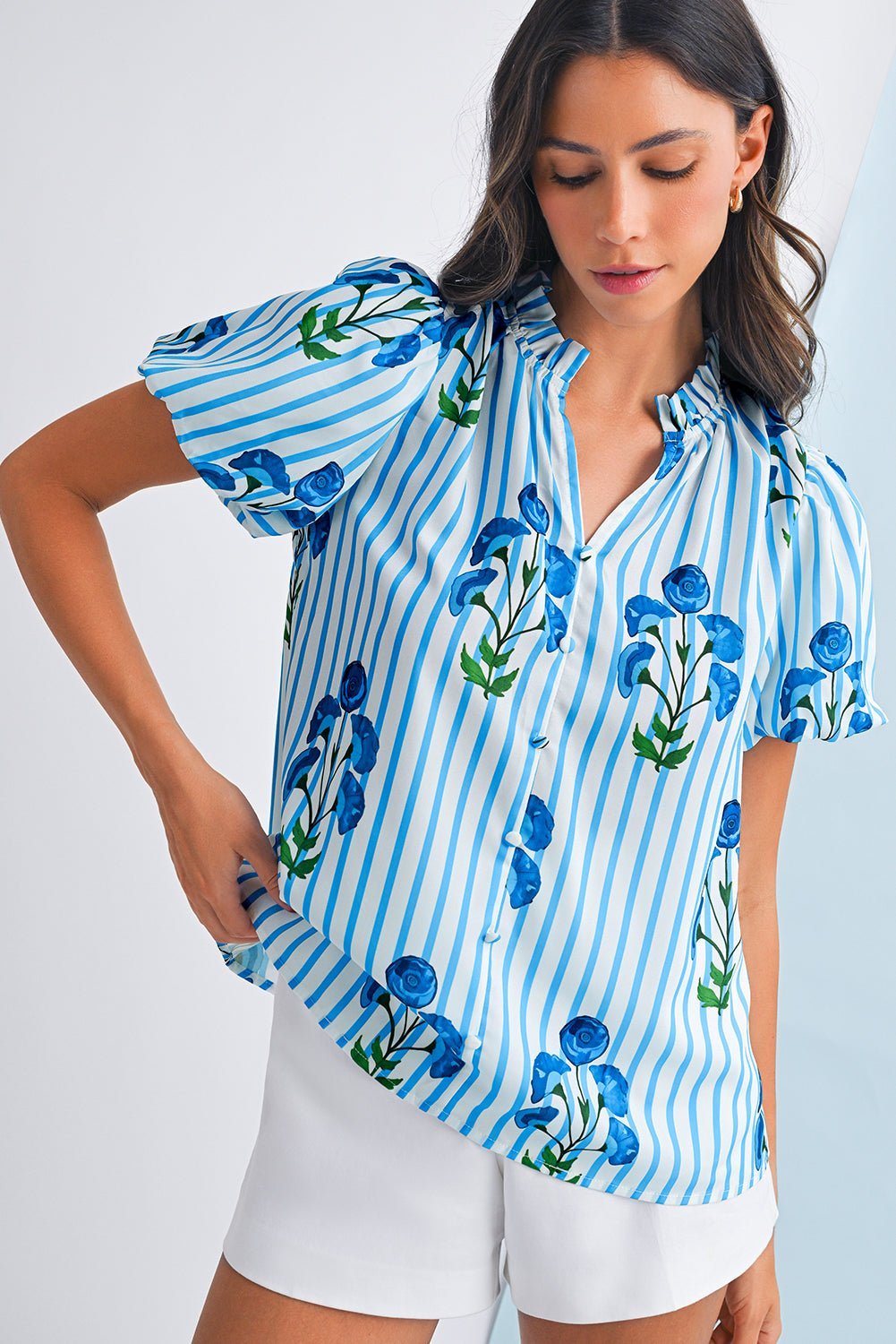 Sky Blue Stripe Boho Floral Print Frill V Neck Puff Sleeve Blouse - MAD RUFFI