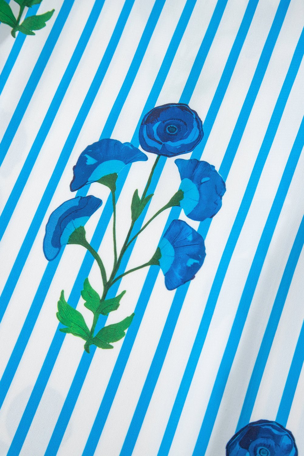 Sky Blue Stripe Boho Floral Print Frill V Neck Puff Sleeve Blouse - MAD RUFFI