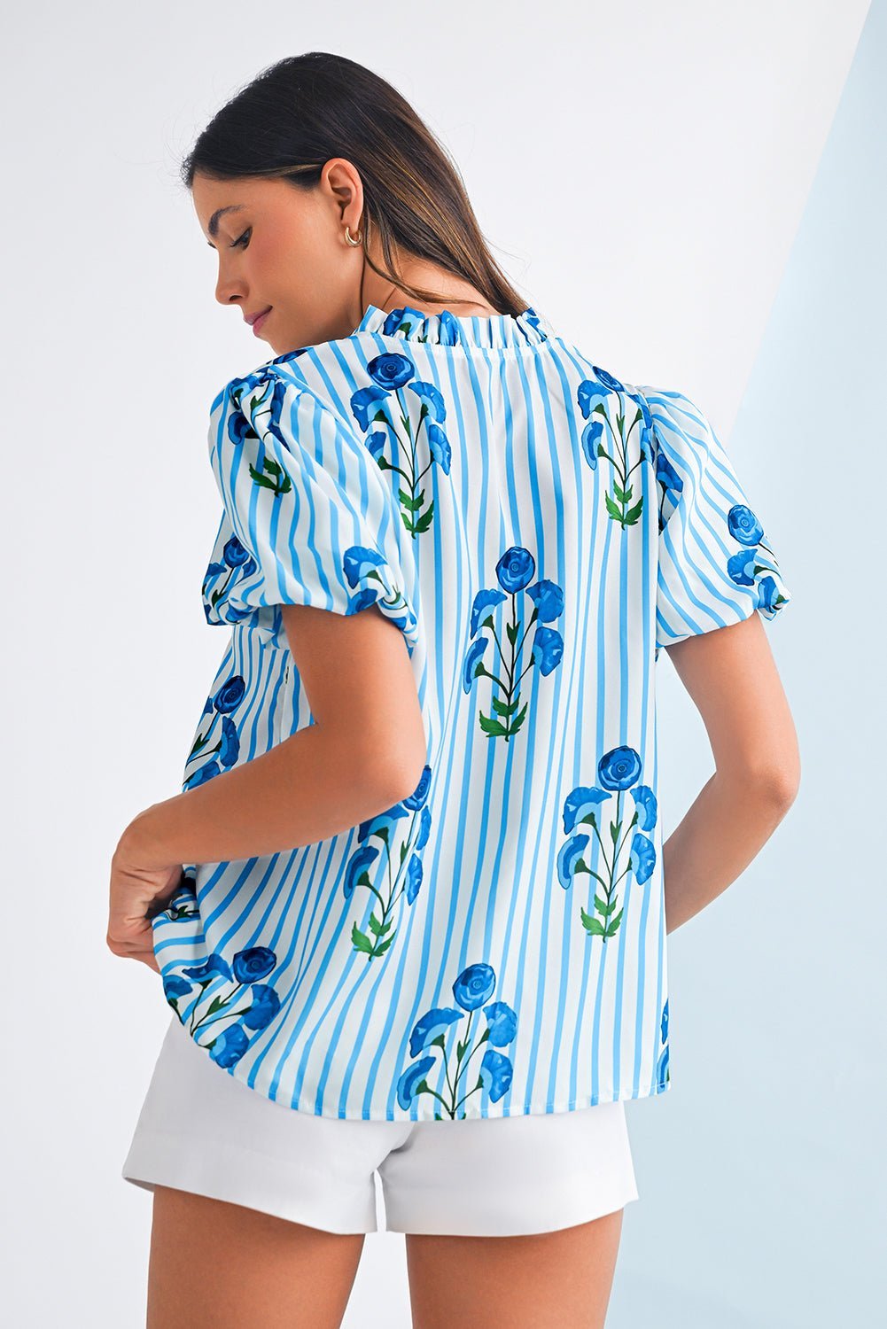 Sky Blue Stripe Boho Floral Print Frill V Neck Puff Sleeve Blouse - MAD RUFFI