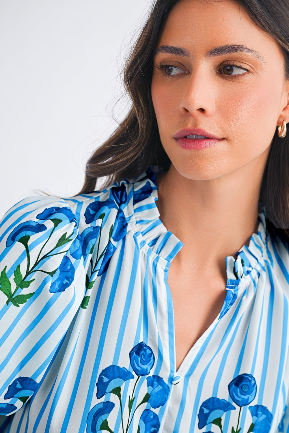 Sky Blue Stripe Boho Floral Print Frill V Neck Puff Sleeve Blouse - MAD RUFFI