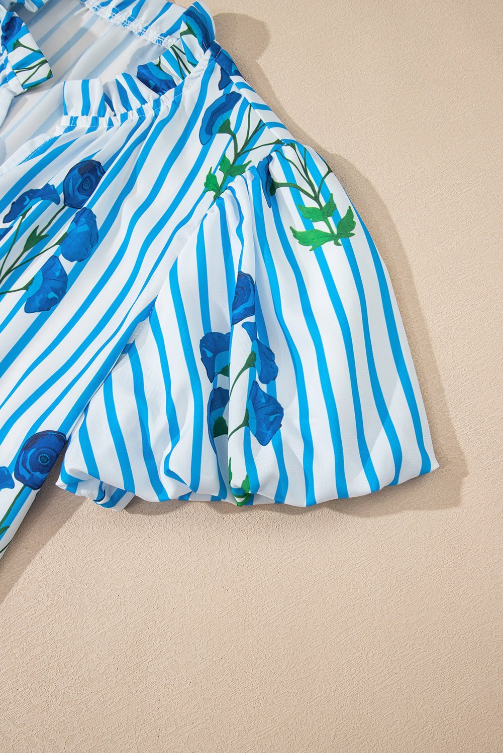 Sky Blue Stripe Boho Floral Print Frill V Neck Puff Sleeve Blouse - MAD RUFFI