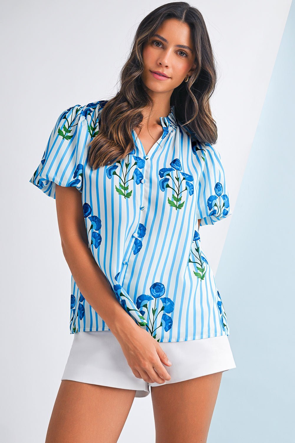 Sky Blue Stripe Boho Floral Print Frill V Neck Puff Sleeve Blouse - MAD RUFFI