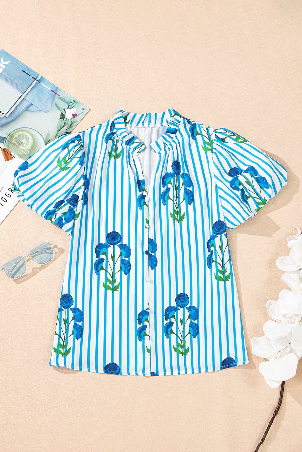 Sky Blue Stripe Boho Floral Print Frill V Neck Puff Sleeve Blouse - MAD RUFFI