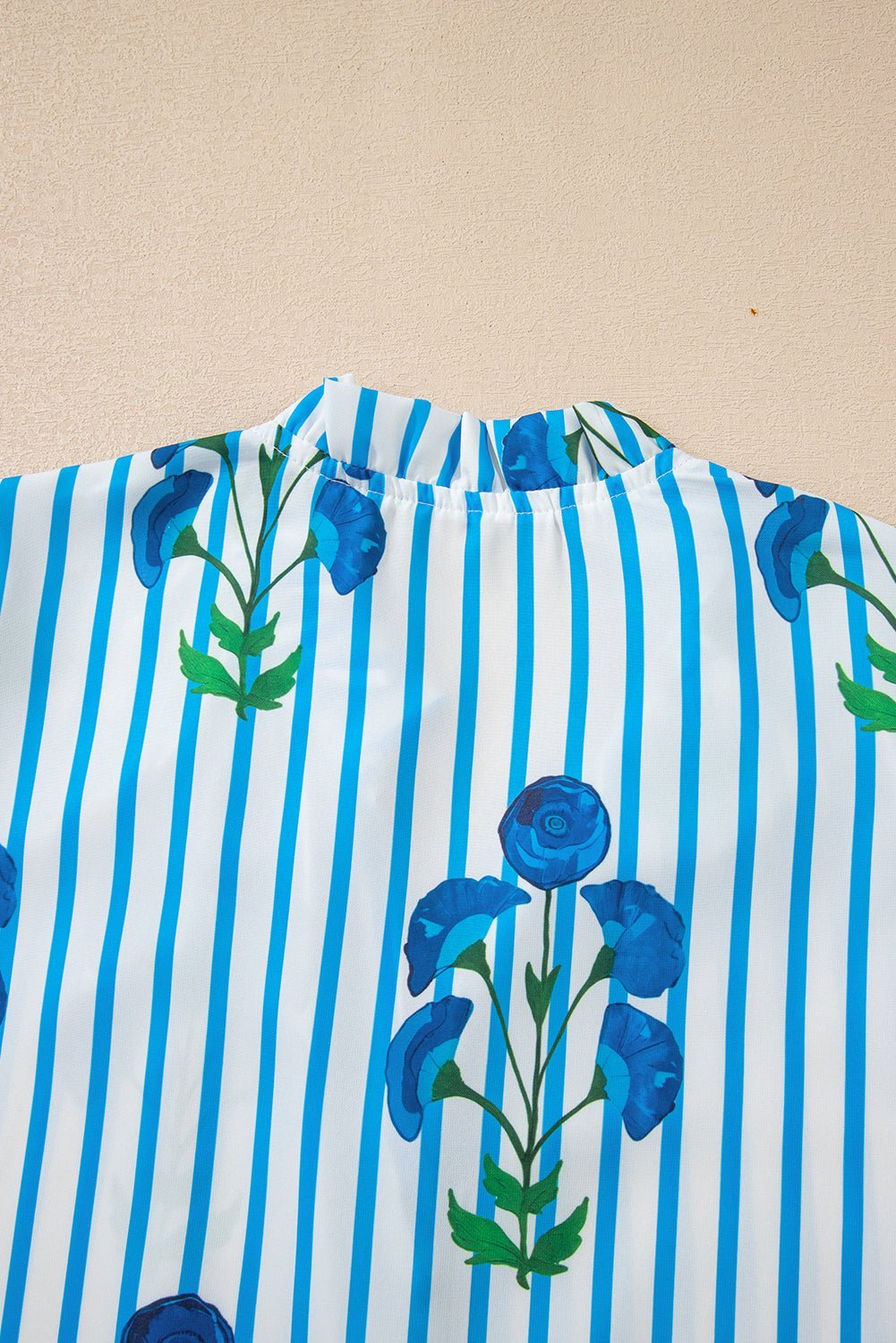 Sky Blue Stripe Boho Floral Print Frill V Neck Puff Sleeve Blouse - MAD RUFFI