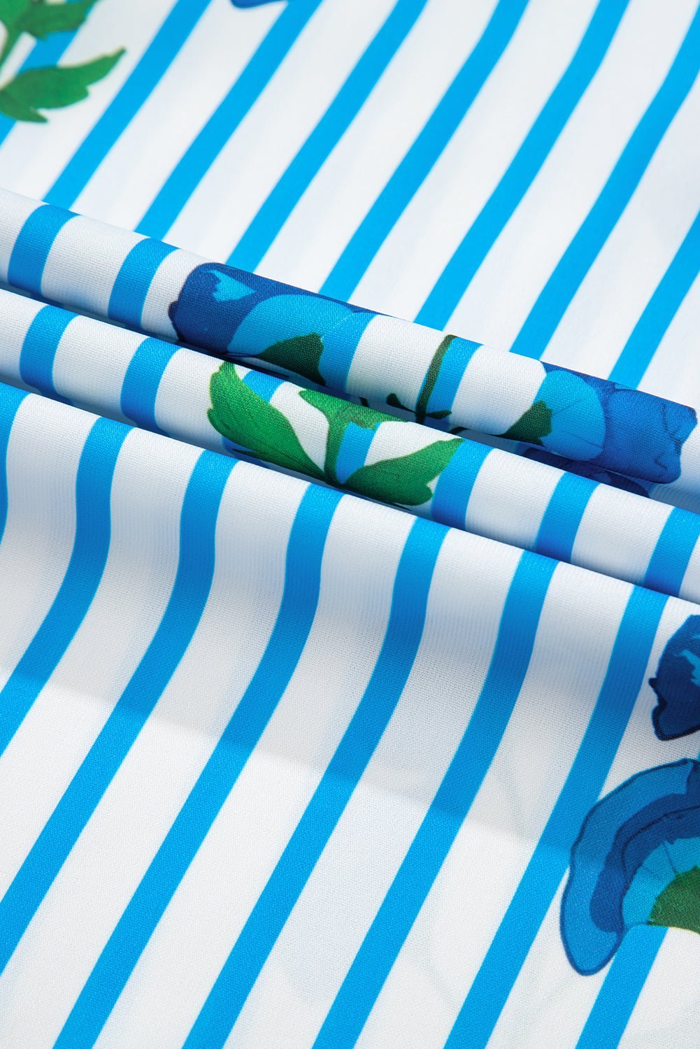 Sky Blue Stripe Boho Floral Print Frill V Neck Puff Sleeve Blouse - MAD RUFFI