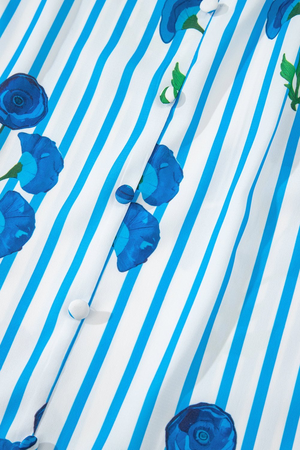 Sky Blue Stripe Boho Floral Print Frill V Neck Puff Sleeve Blouse - MAD RUFFI