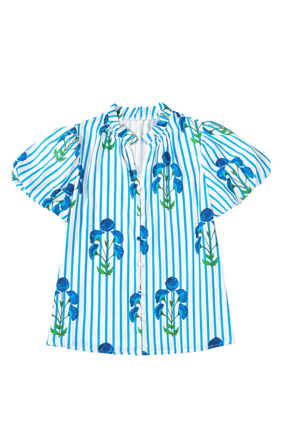 Sky Blue Stripe Boho Floral Print Frill V Neck Puff Sleeve Blouse - MAD RUFFI