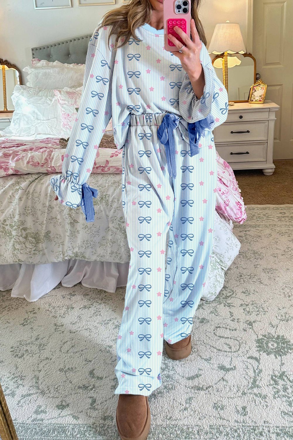 Sky Blue Stripe Bow Star Print Tied Detail 2pcs Lounge Set - MAD RUFFI