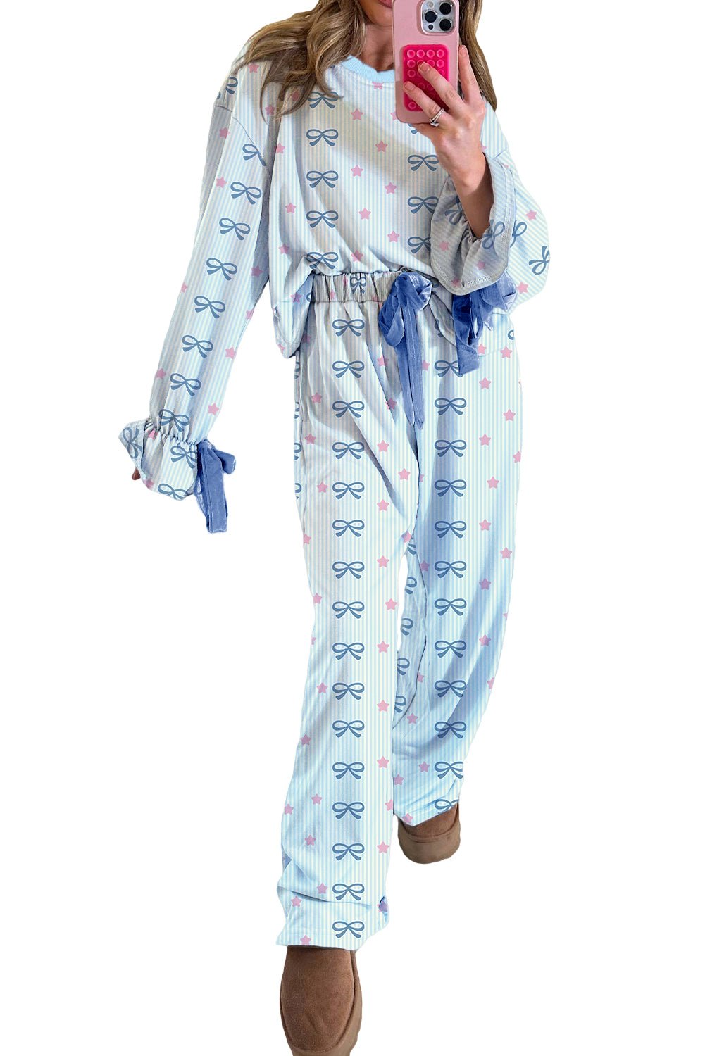 Sky Blue Stripe Bow Star Print Tied Detail 2pcs Lounge Set - MAD RUFFI
