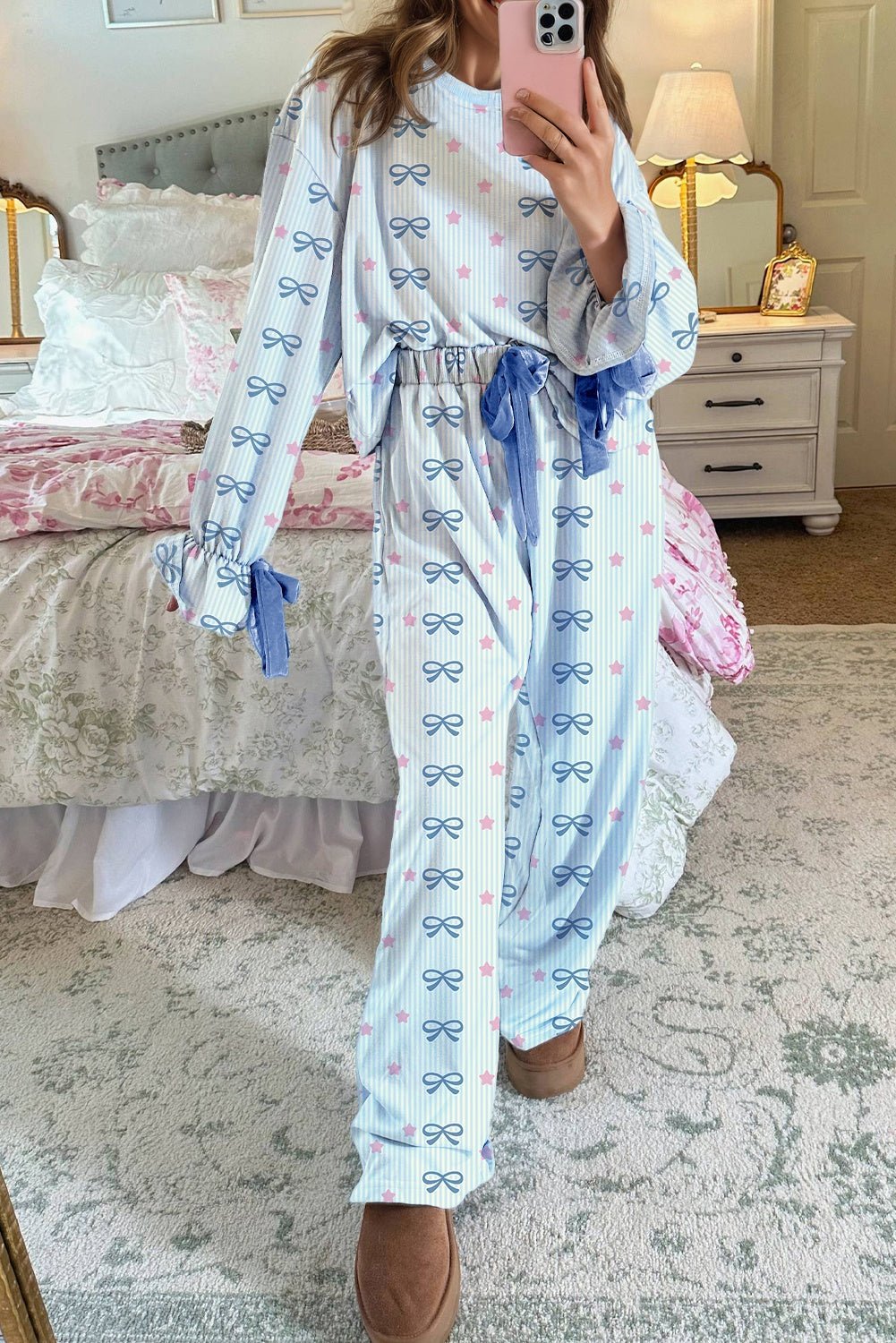 Sky Blue Stripe Bow Star Print Tied Detail 2pcs Lounge Set - MAD RUFFI