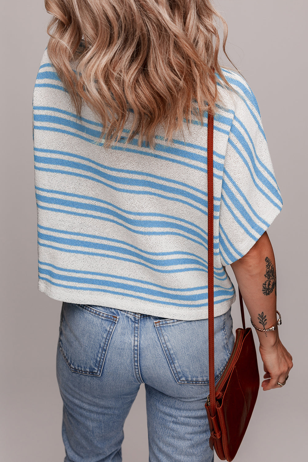 Sky Blue Stripe Boxy Fit Wide Sleeve Knit T Shirt - MAD RUFFI