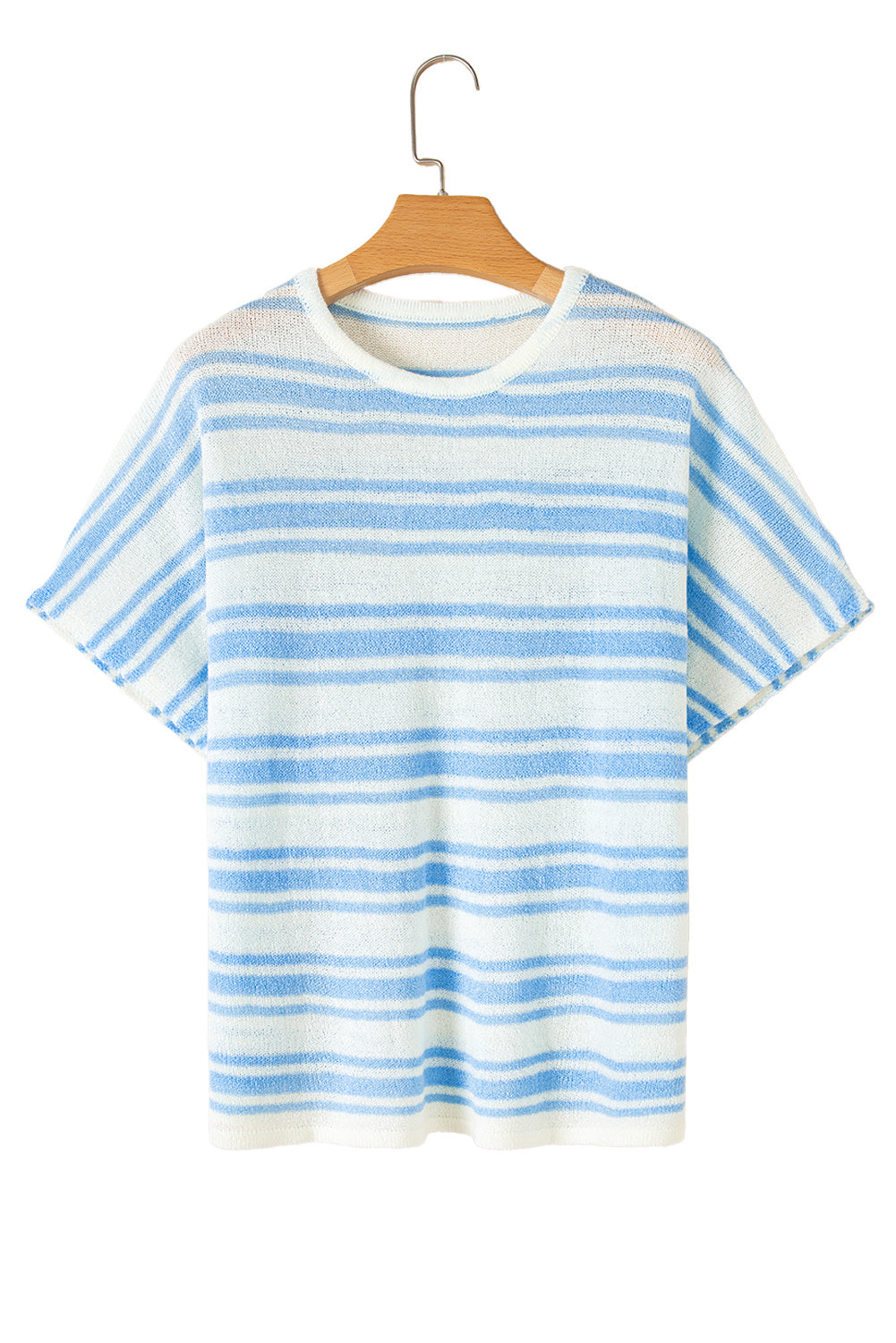 Sky Blue Stripe Boxy Fit Wide Sleeve Knit T Shirt - MAD RUFFI