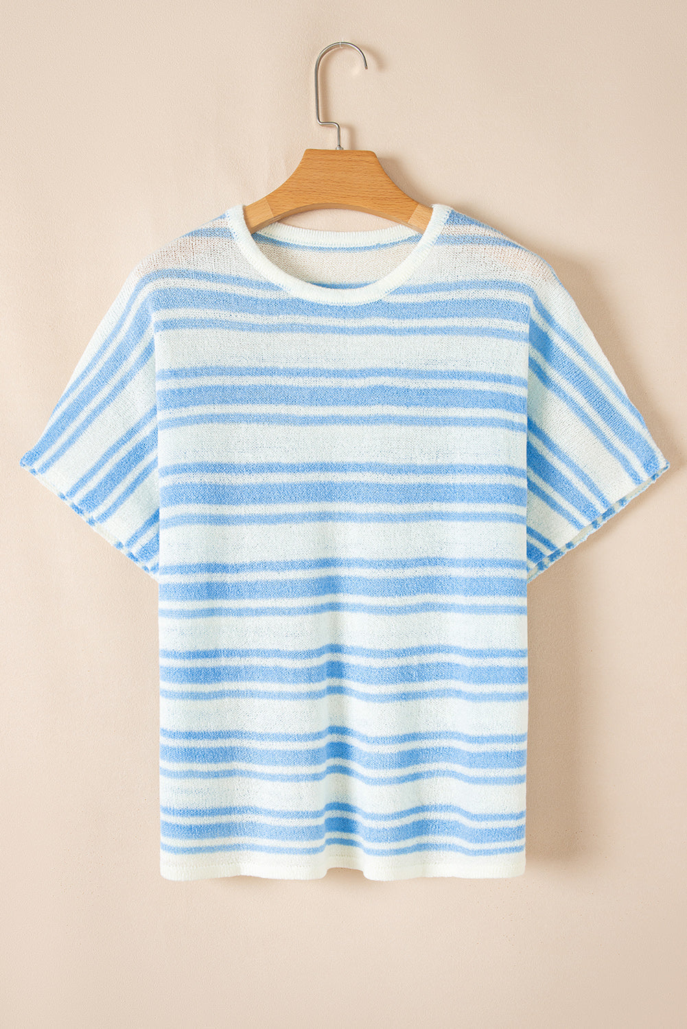 Sky Blue Stripe Boxy Fit Wide Sleeve Knit T Shirt - MAD RUFFI