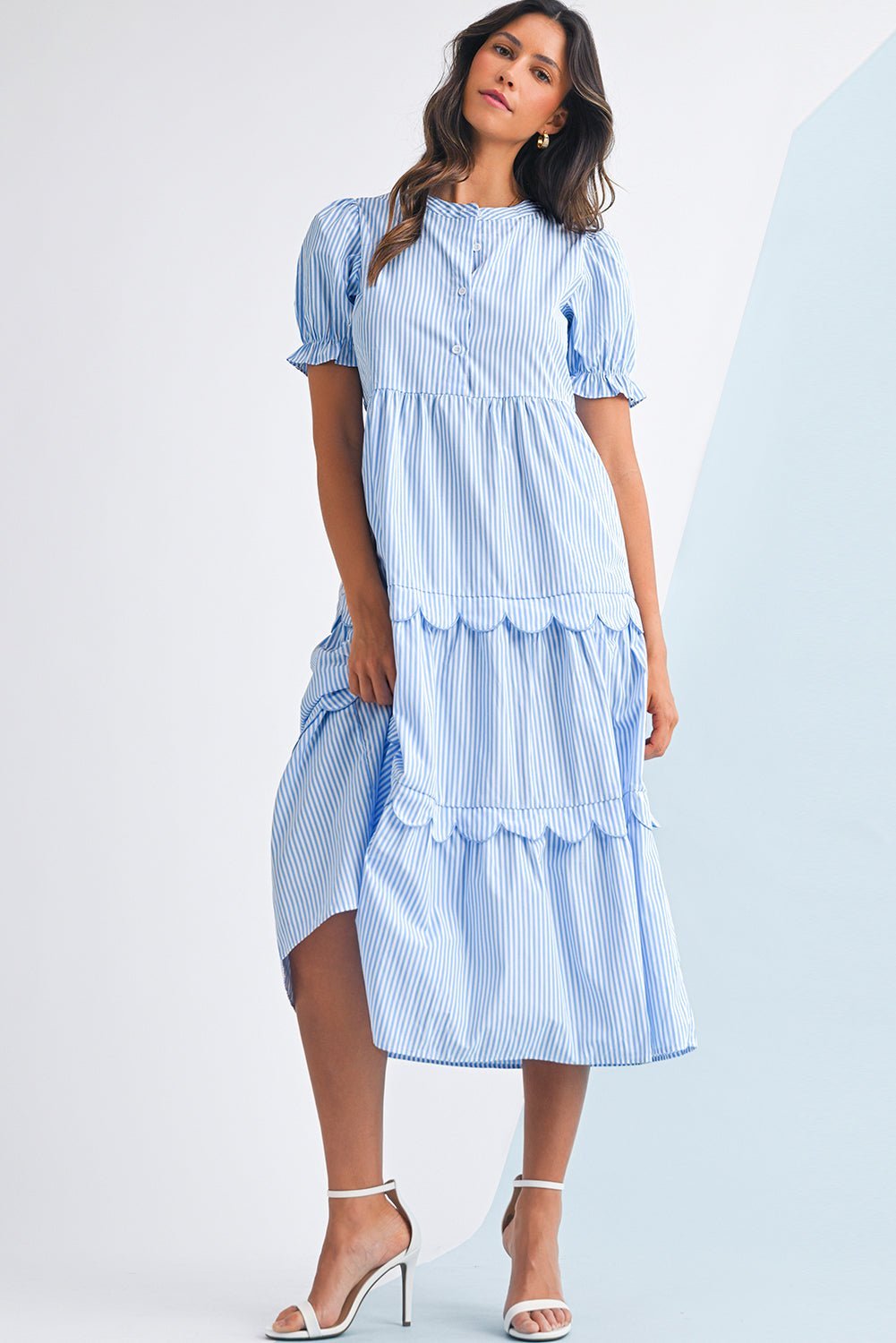 Sky Blue Stripe Bubble Sleeve Scallop Tiered Dress - MAD RUFFI