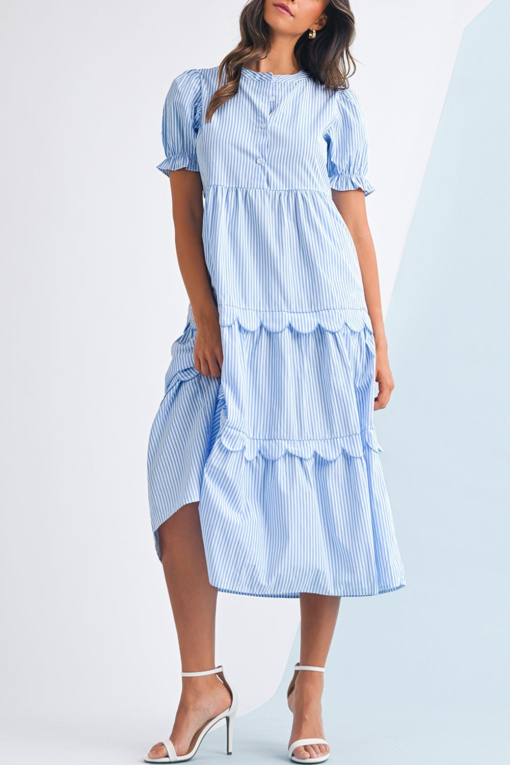 Sky Blue Stripe Bubble Sleeve Scallop Tiered Dress - MAD RUFFI