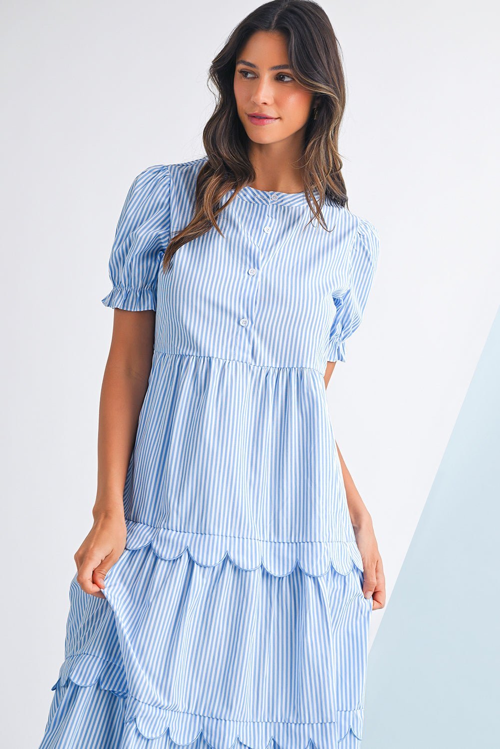 Sky Blue Stripe Bubble Sleeve Scallop Tiered Dress - MAD RUFFI