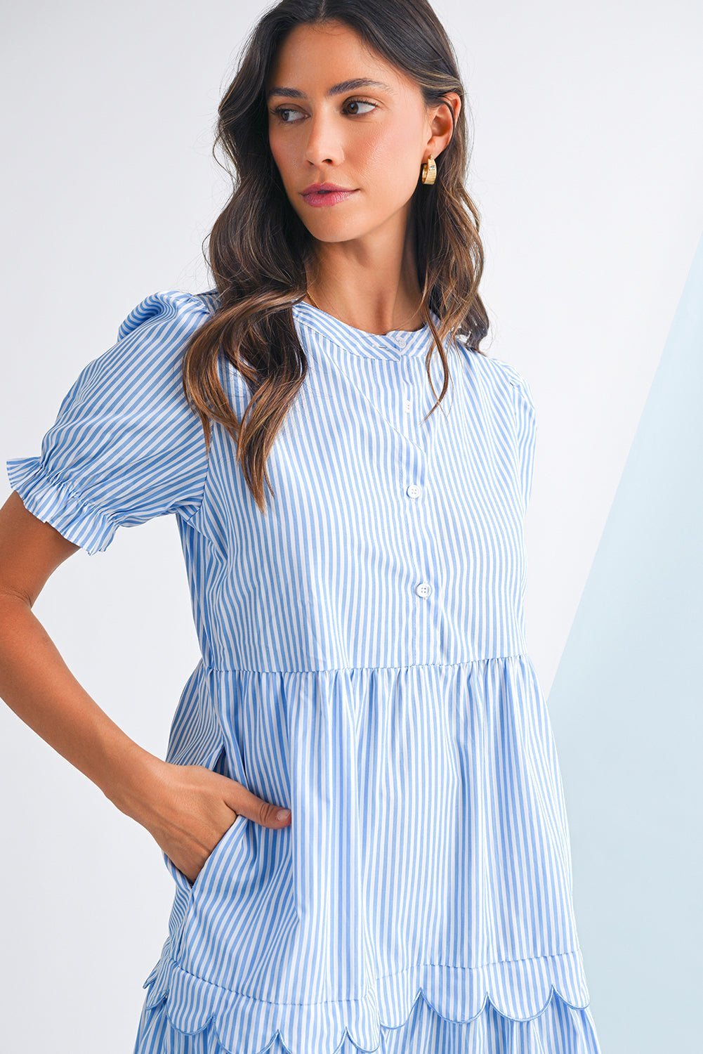 Sky Blue Stripe Bubble Sleeve Scallop Tiered Dress - MAD RUFFI