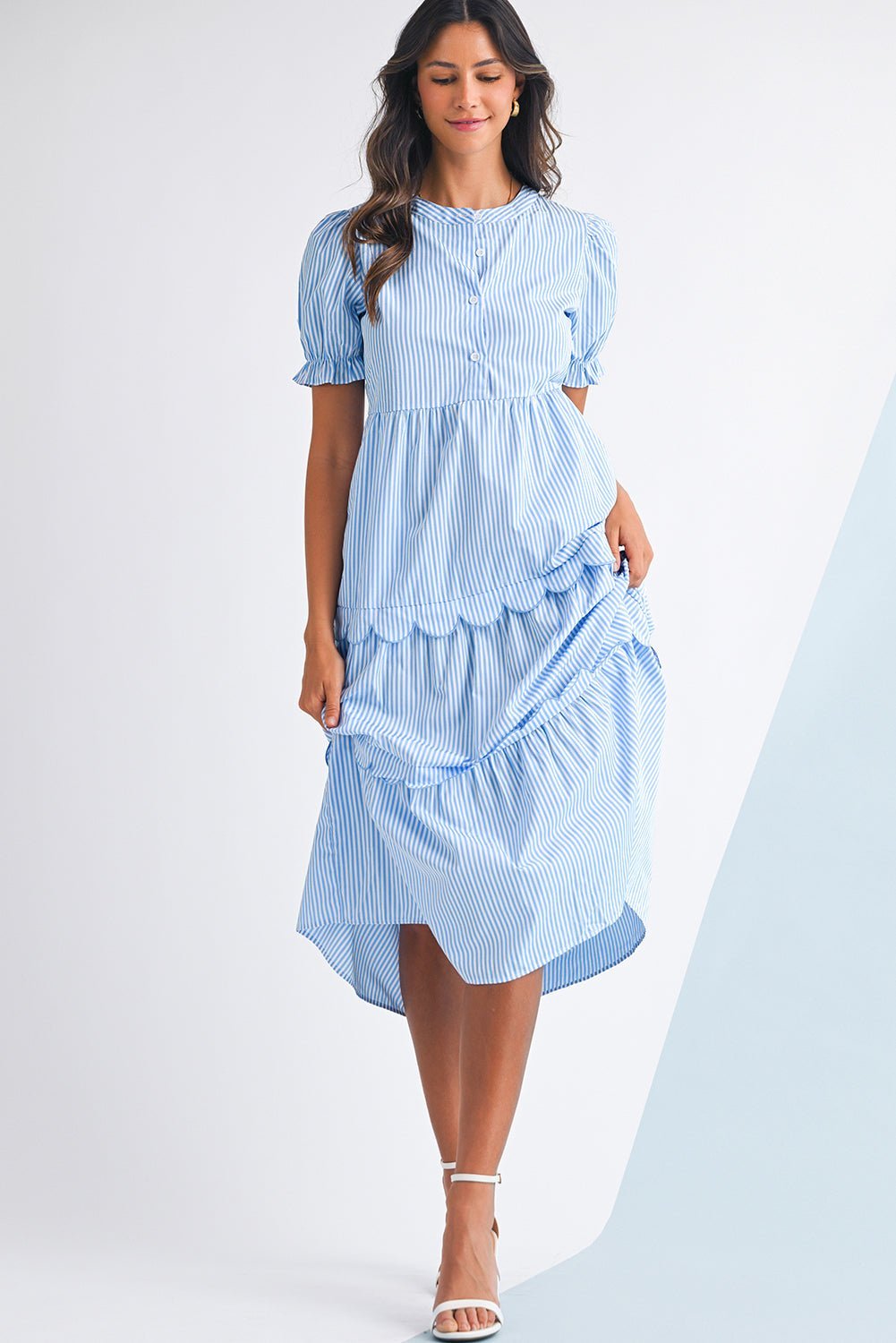 Sky Blue Stripe Bubble Sleeve Scallop Tiered Dress - MAD RUFFI