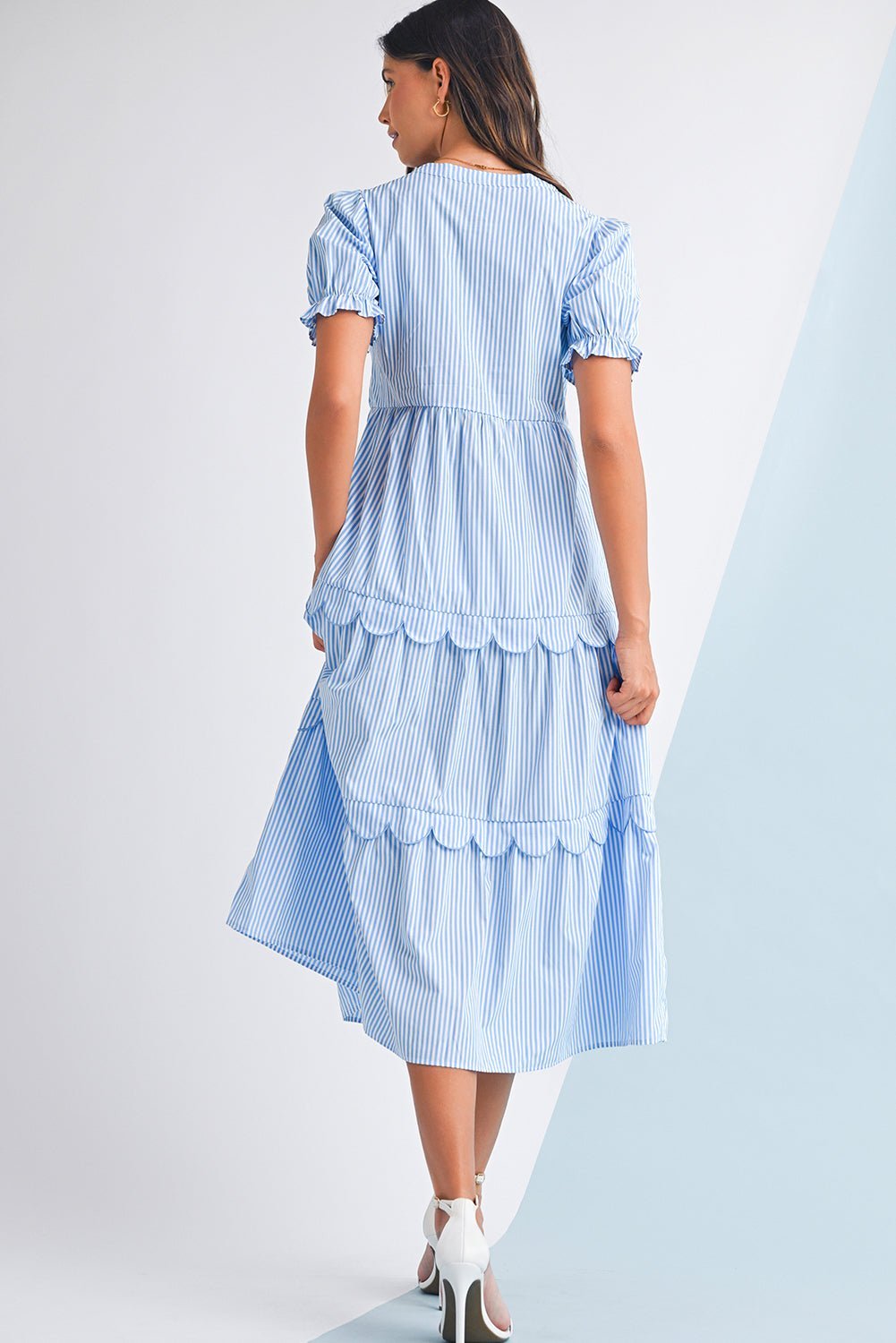 Sky Blue Stripe Bubble Sleeve Scallop Tiered Dress - MAD RUFFI