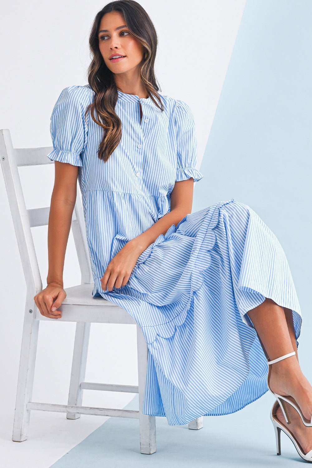 Sky Blue Stripe Bubble Sleeve Scallop Tiered Dress - MAD RUFFI