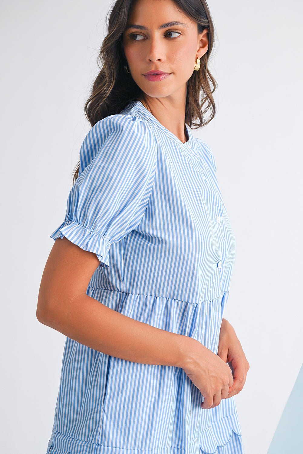 Sky Blue Stripe Bubble Sleeve Scallop Tiered Dress - MAD RUFFI