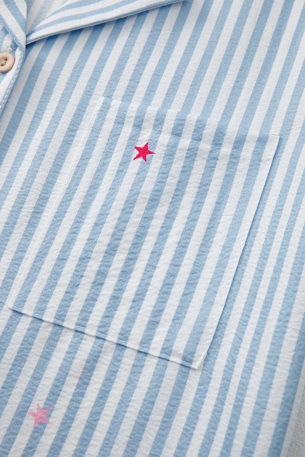 Sky Blue Stripe Button Up Lapel Collared Top and Shorts Set - MAD RUFFI
